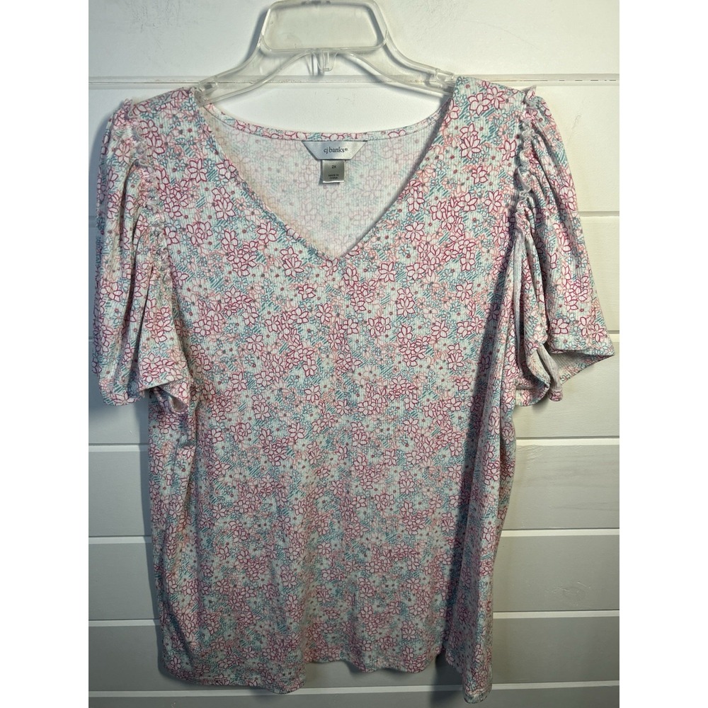 CJ Banks Women's Pink Floral Plus Size 2X Flutter Sleeve